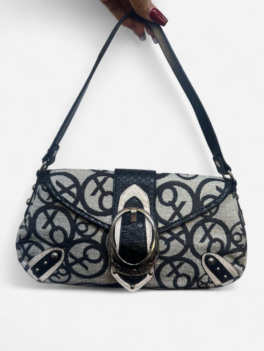 XOXO 2000s Deadstock Black and Gray Logo Shoulder Bag with Chunky Silver Buckle